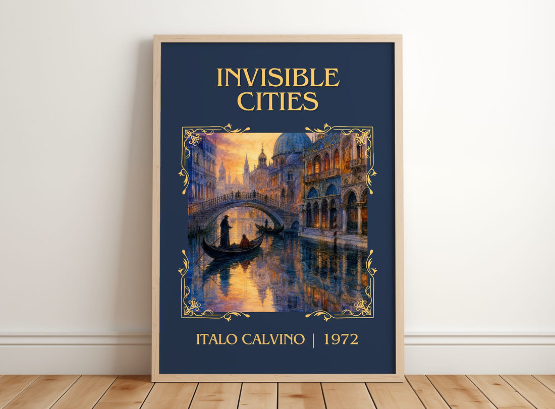 Invisible Cities Classic Book Art Print by Italo Calvino – framed print leaning on a wooden floor