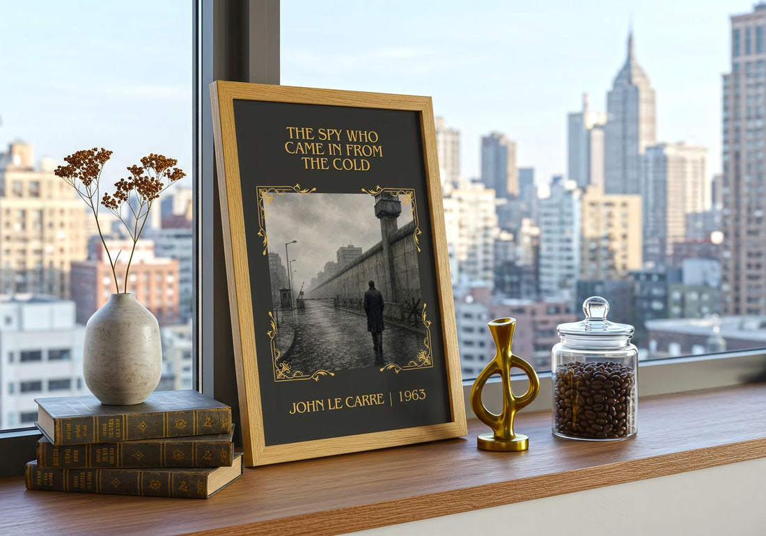 Spy Who Came in From the Cold Classic Book Art Print by John le Carré – framed print on a city-view windowsill