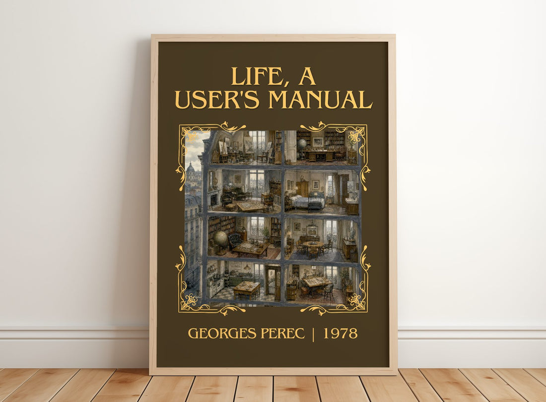 Life, a User's Manual Classic Book Art Print by Georges Perec – framed print leaning on a wooden floor