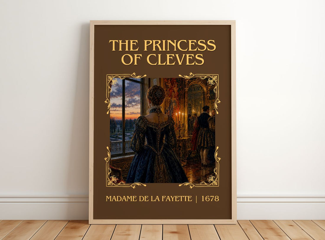 The Princess of Cleves Classic Book Art Print by Madame de La Fayette – framed print leaning on a wooden floor