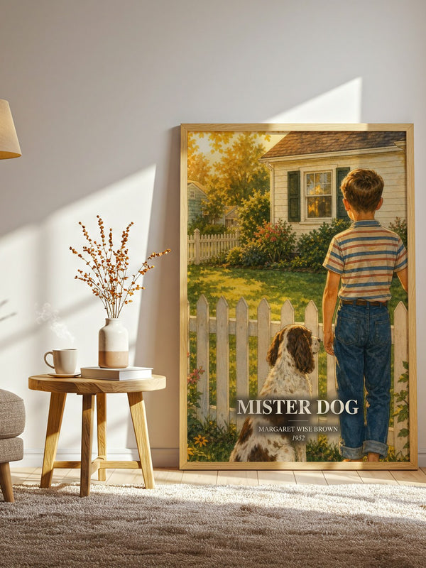 Mister Dog watercolour print in frame leaning in hallway – childrens wall art