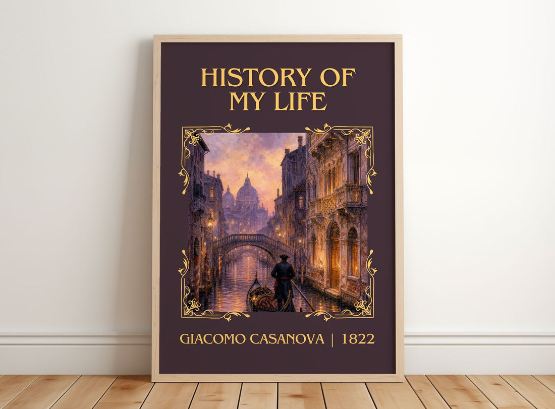 History of My Life Classic Book Art Print by Giacomo Casanova – framed print leaning on a wooden floor