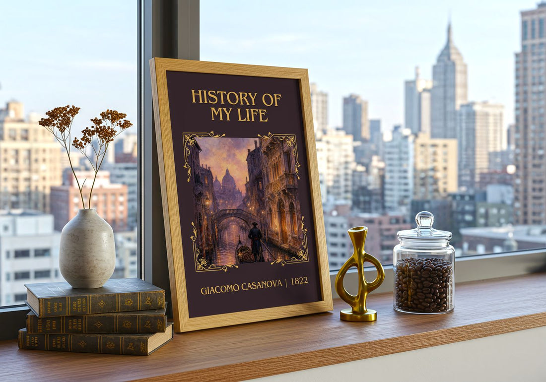 History of My Life Classic Book Art Print by Giacomo Casanova – framed print on a city-view windowsill
