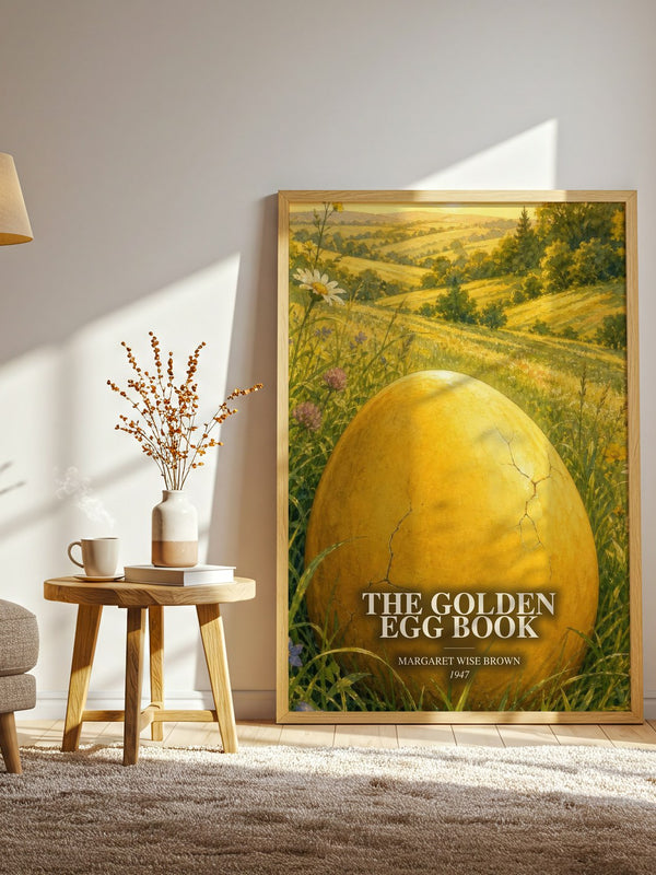 The Golden Egg Book watercolour print in frame leaning in hallway – childrens wall art