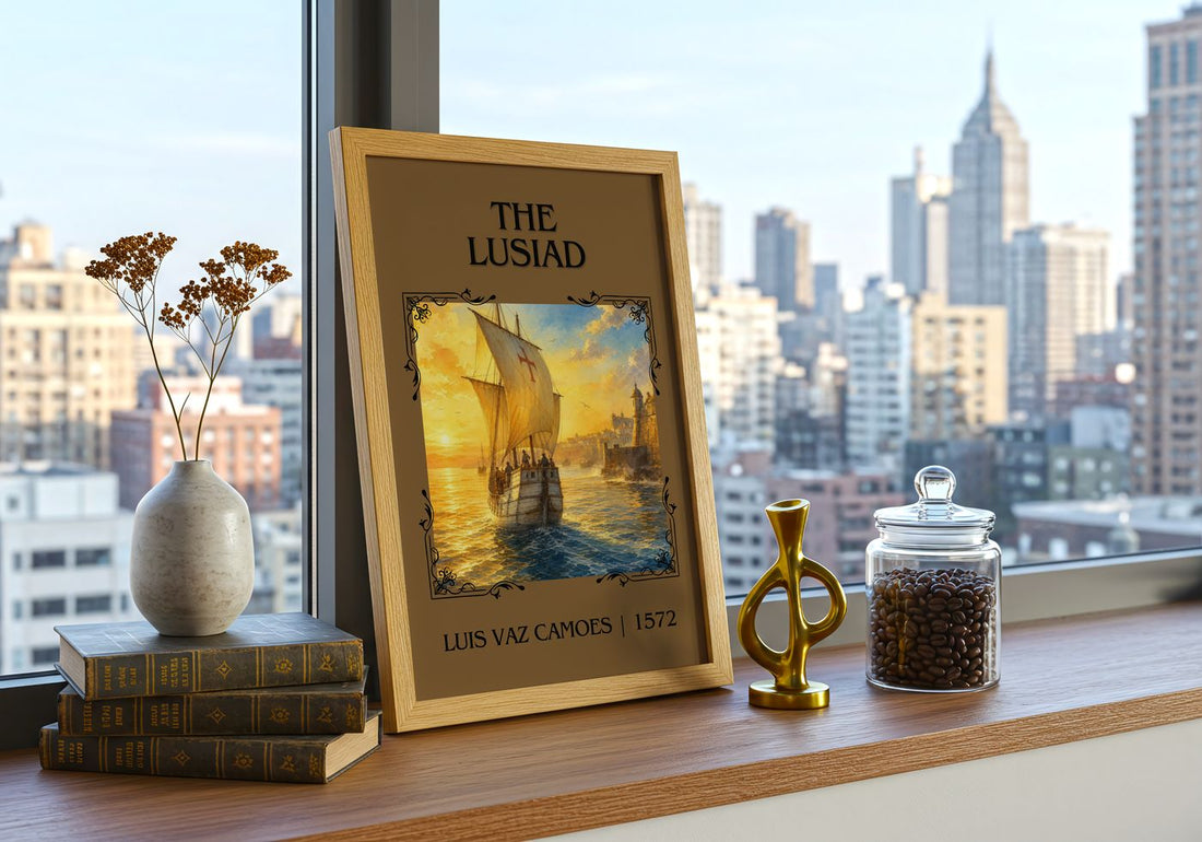 The Lusiad Classic Book Art Print by Luís Vaz Camões – framed print on a city-view windowsill