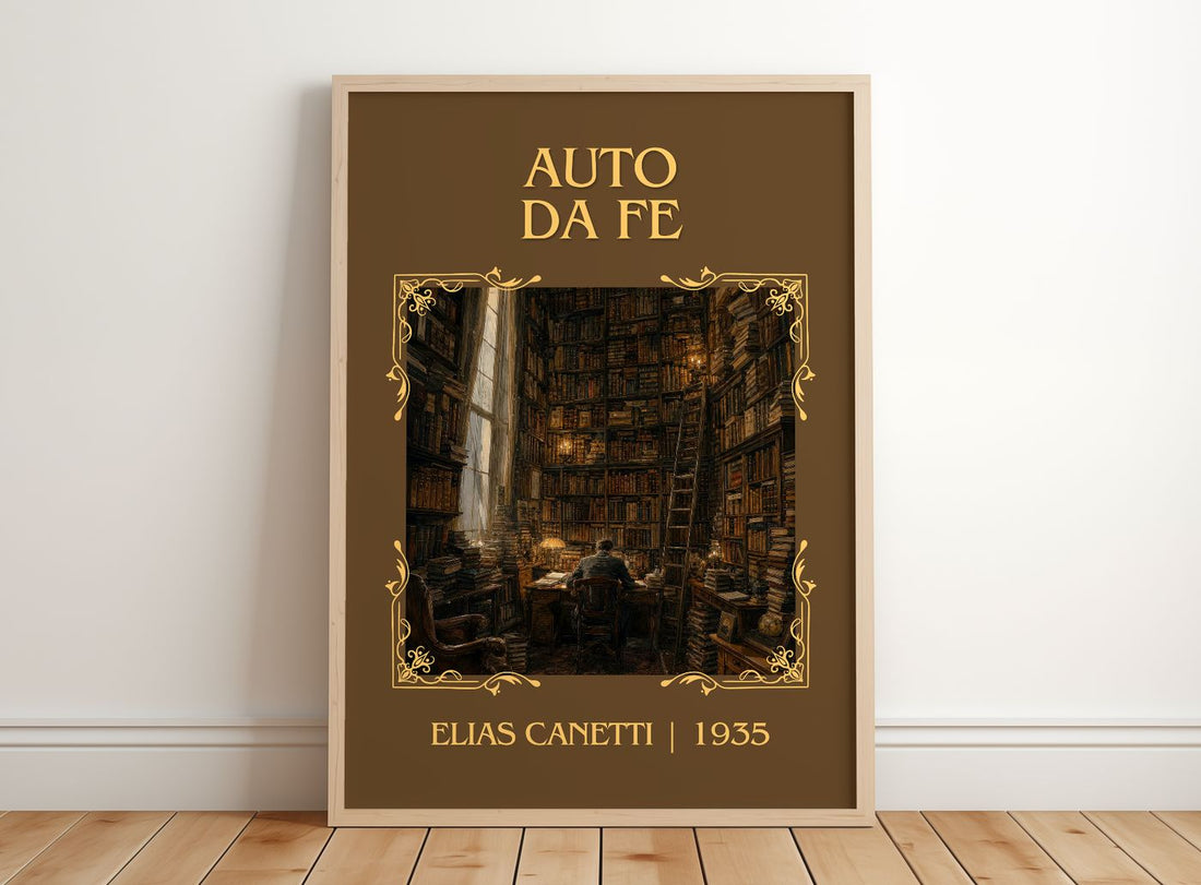 Auto Da Fé Classic Book Art Print by Elias Canetti – framed print leaning on a wooden floor