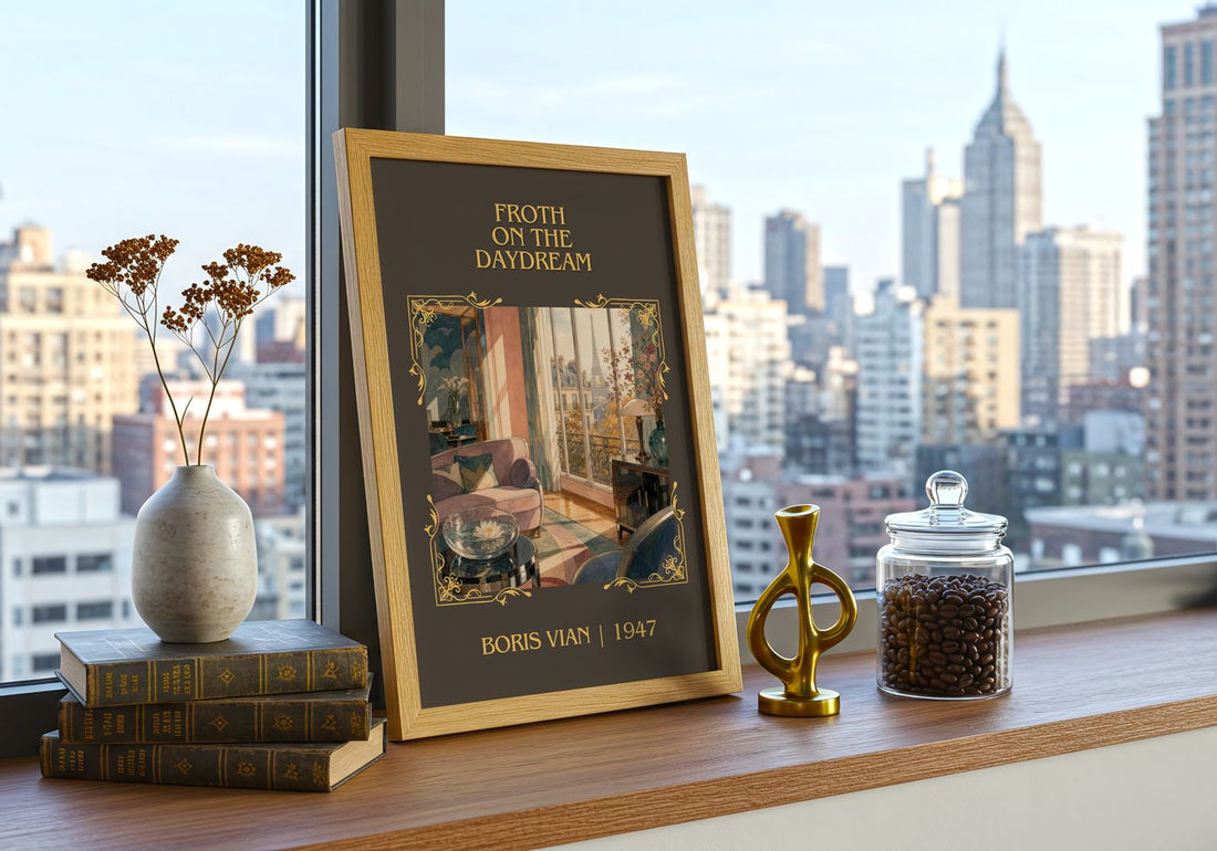 Froth on the daydream Classic Book Art Print by Boris Vian – framed print on a city-view windowsill