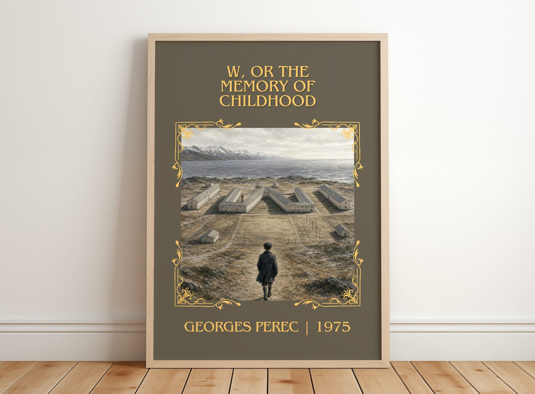 W, or the Memory of Childhood Classic Book Art Print by Georges Perec – framed print leaning on a wooden floor