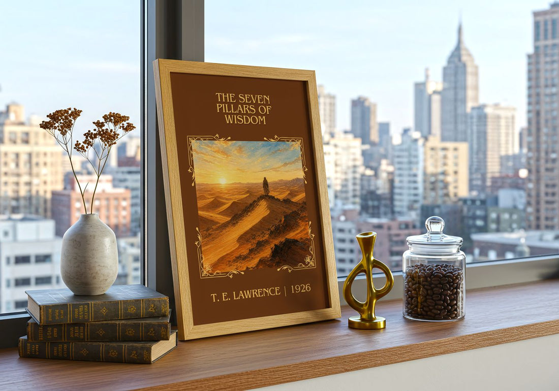 The Seven Pillars of Wisdom Classic Book Art Print by T. E. Lawrence – framed print on a city-view windowsill