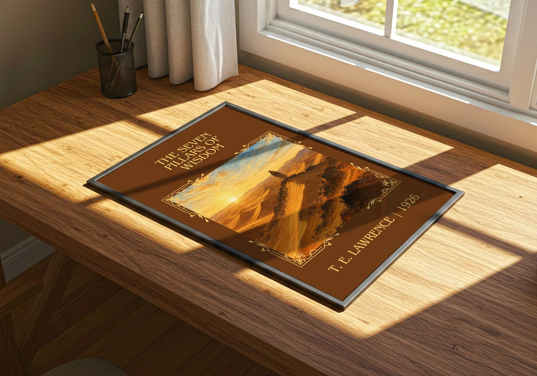 The Seven Pillars of Wisdom Classic Book Art Print by T. E. Lawrence – print on a sunlit desk