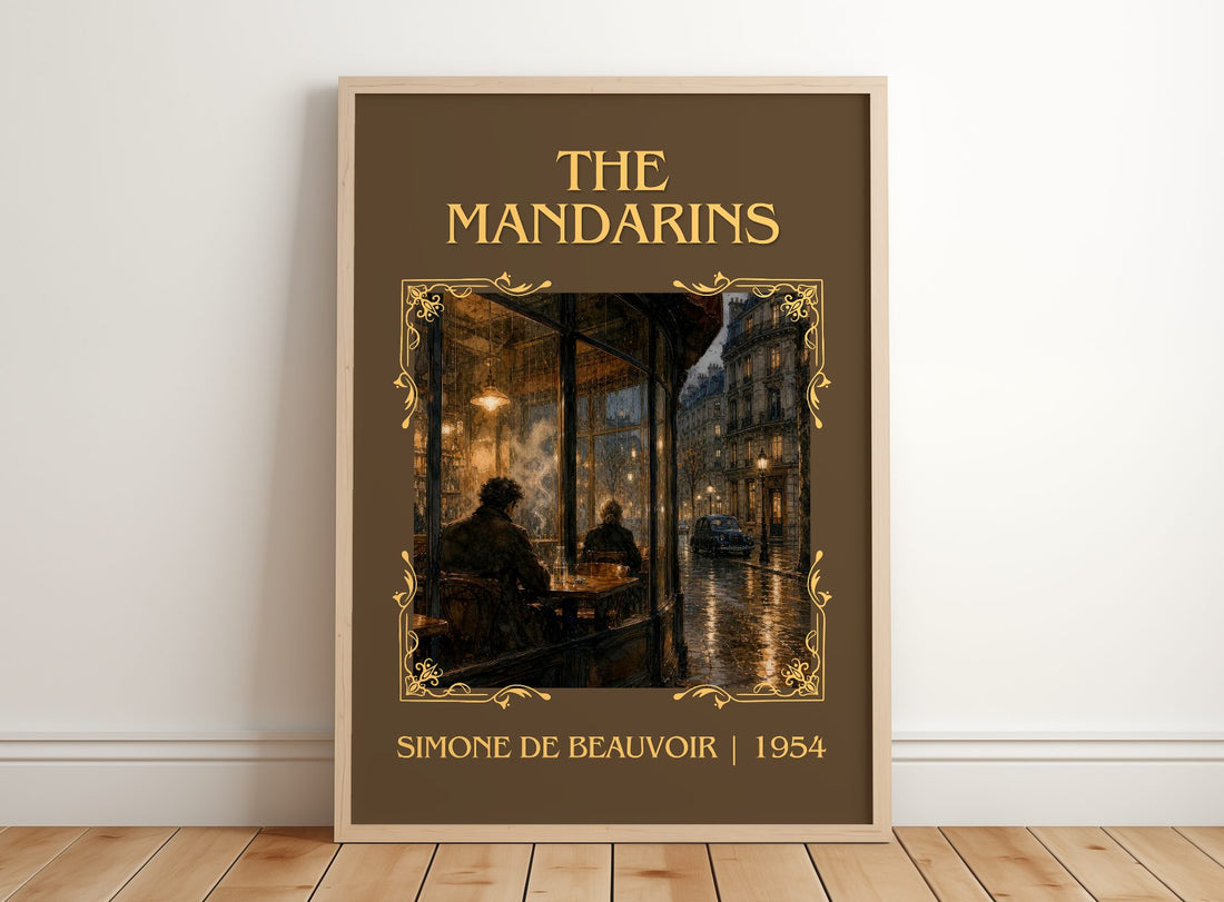The Mandarins Classic Book Art Print by Simone de Beauvoir – framed print leaning on a wooden floor