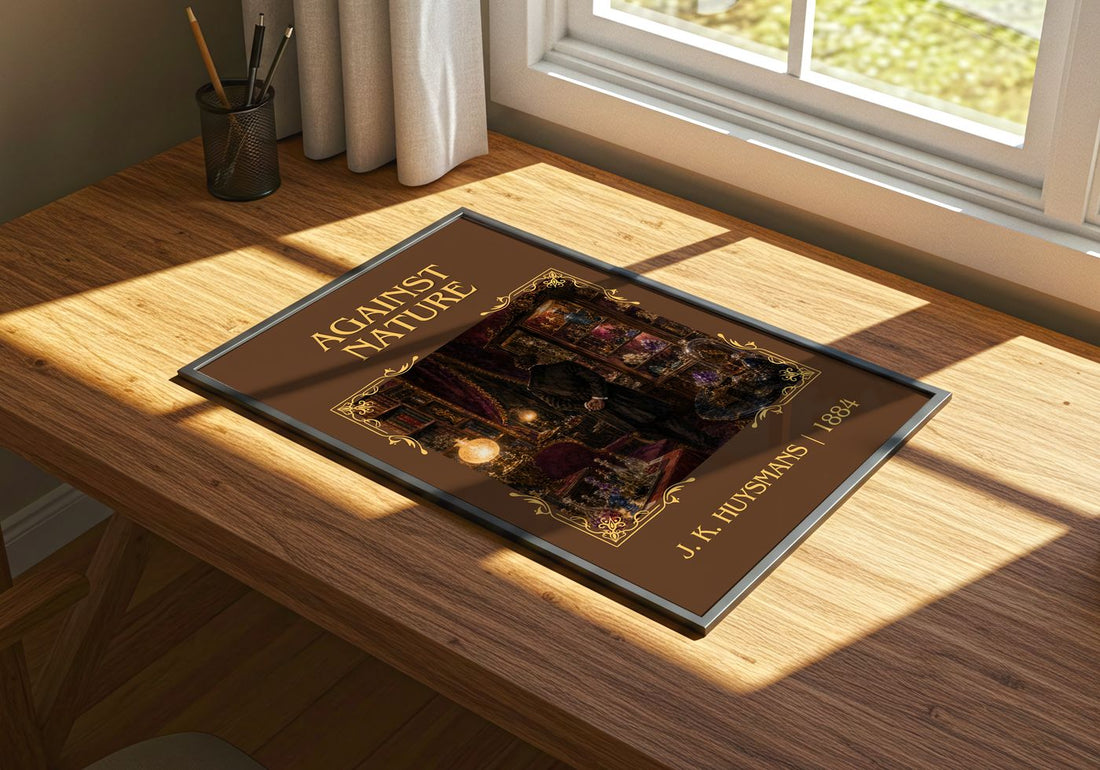 Against Nature Classic Book Art Print by J. K. Huysmans – print on a sunlit desk