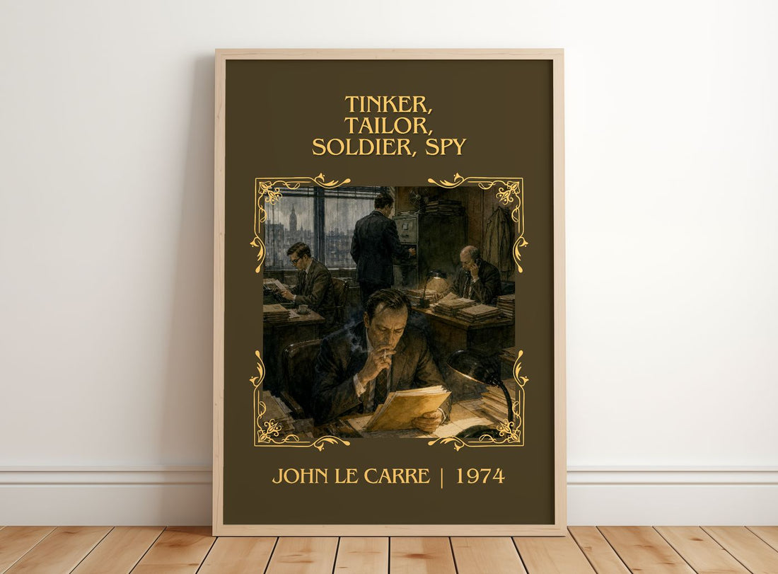 Tinker, Tailor, Soldier, Spy Classic Book Art Print by John le Carré – framed print leaning on a wooden floor