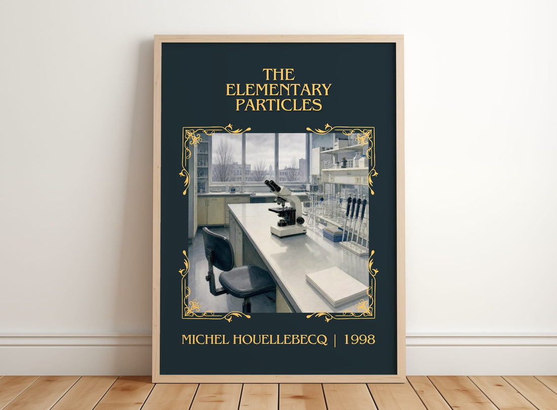 The Elementary Particles Classic Book Art Print by Michel Houellebecq – framed print leaning on a wooden floor