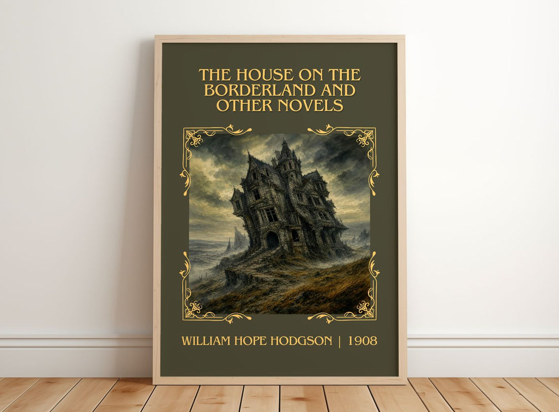 The House On The Borderland And Other Novels Classic Book Art Print by William Hope Hodgson – framed print leaning on a wooden floor
