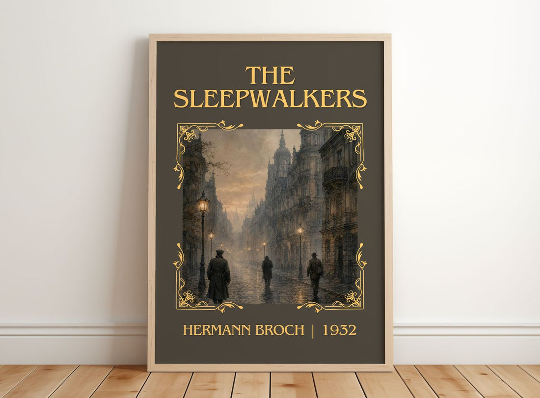 The Sleepwalkers Classic Book Art Print by Hermann Broch – framed print leaning on a wooden floor