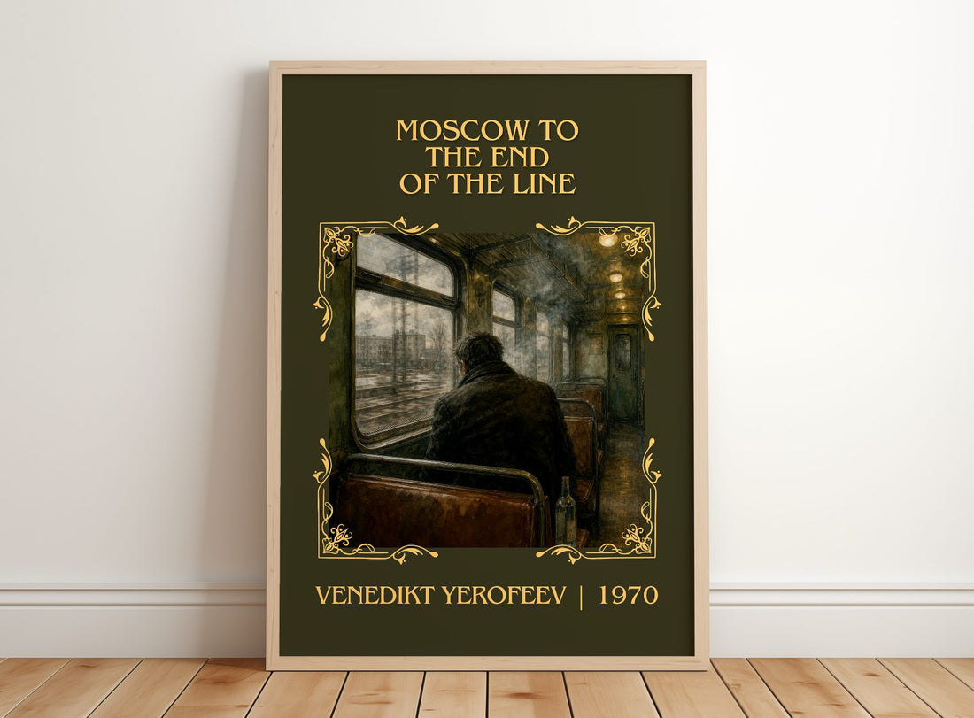 Moscow to the End of the Line Classic Book Art Print by V. Yerofeev – framed print leaning on a wooden floor
