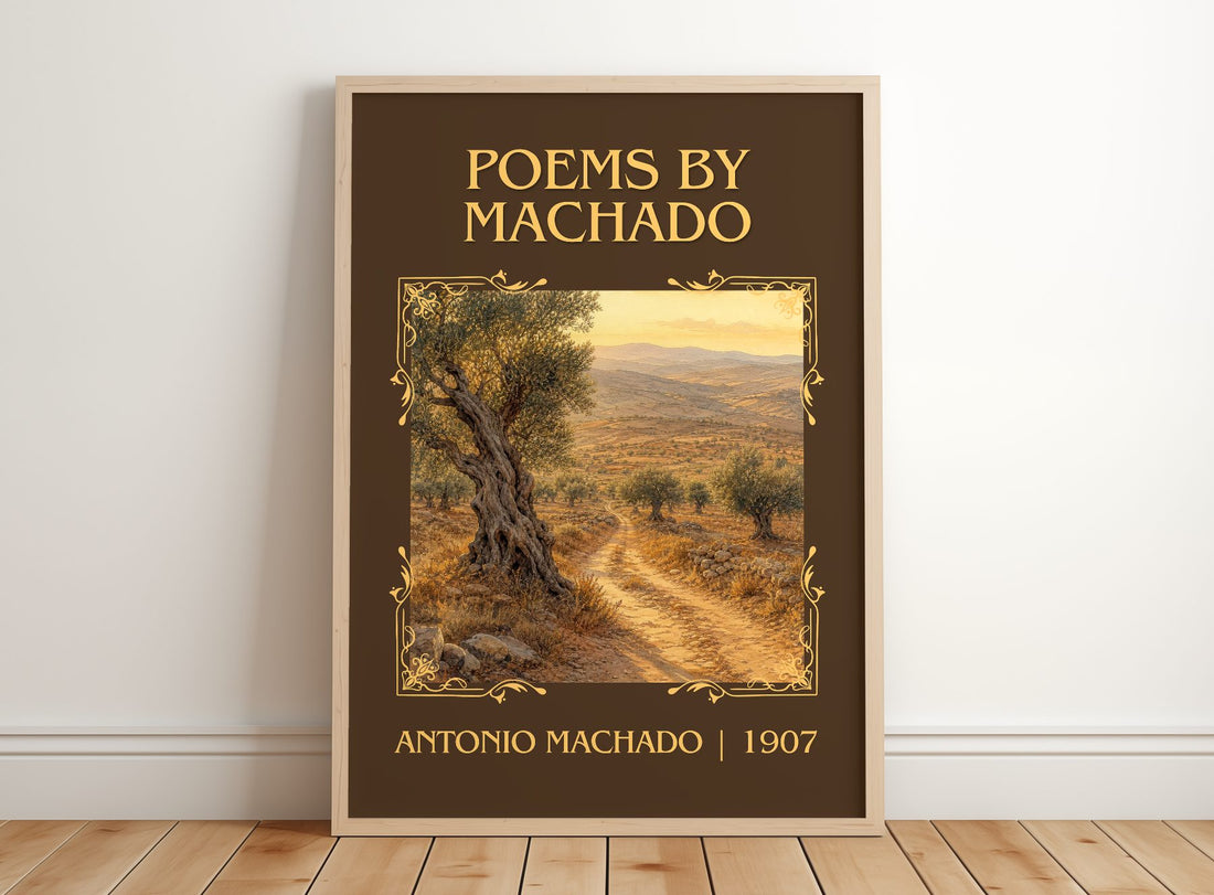 Poems by Machado Classic Book Art Print by Antonio Machado – framed print leaning on a wooden floor