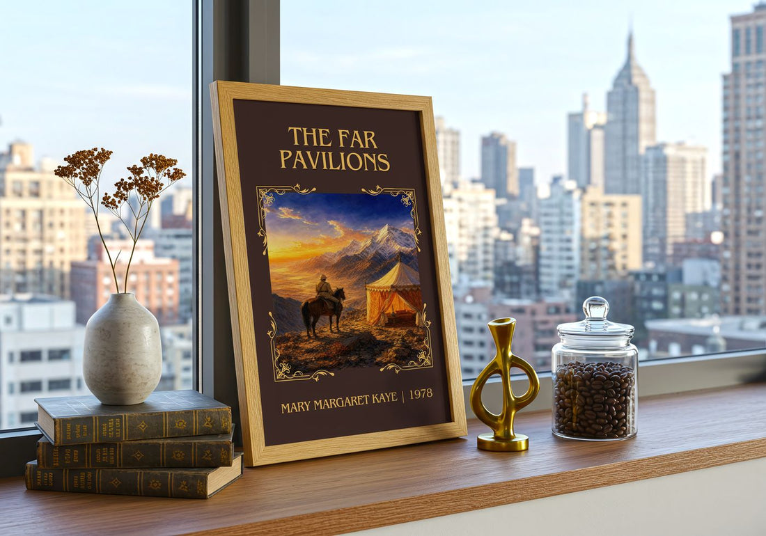 The Far Pavilions Classic Book Art Print by Mary Margaret Kaye – framed print on a city-view windowsill
