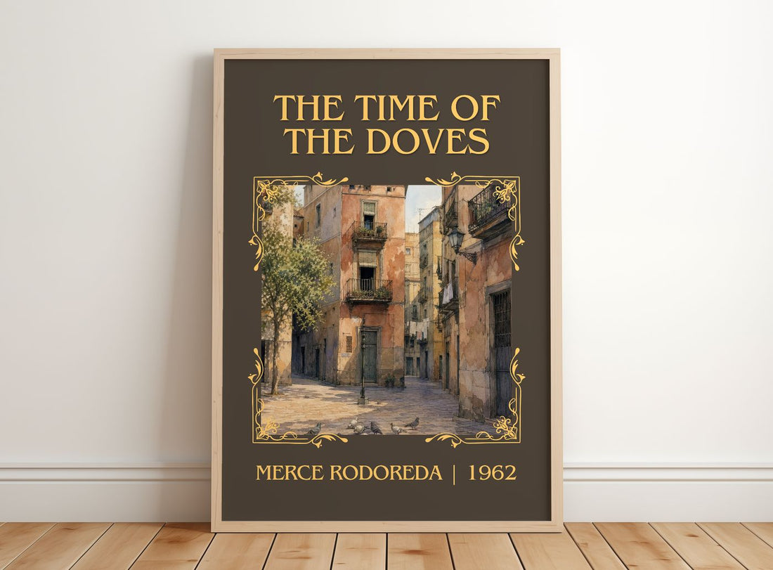 The Time Of The Doves Classic Book Art Print by Merce Rodoreda – framed print leaning on a wooden floor