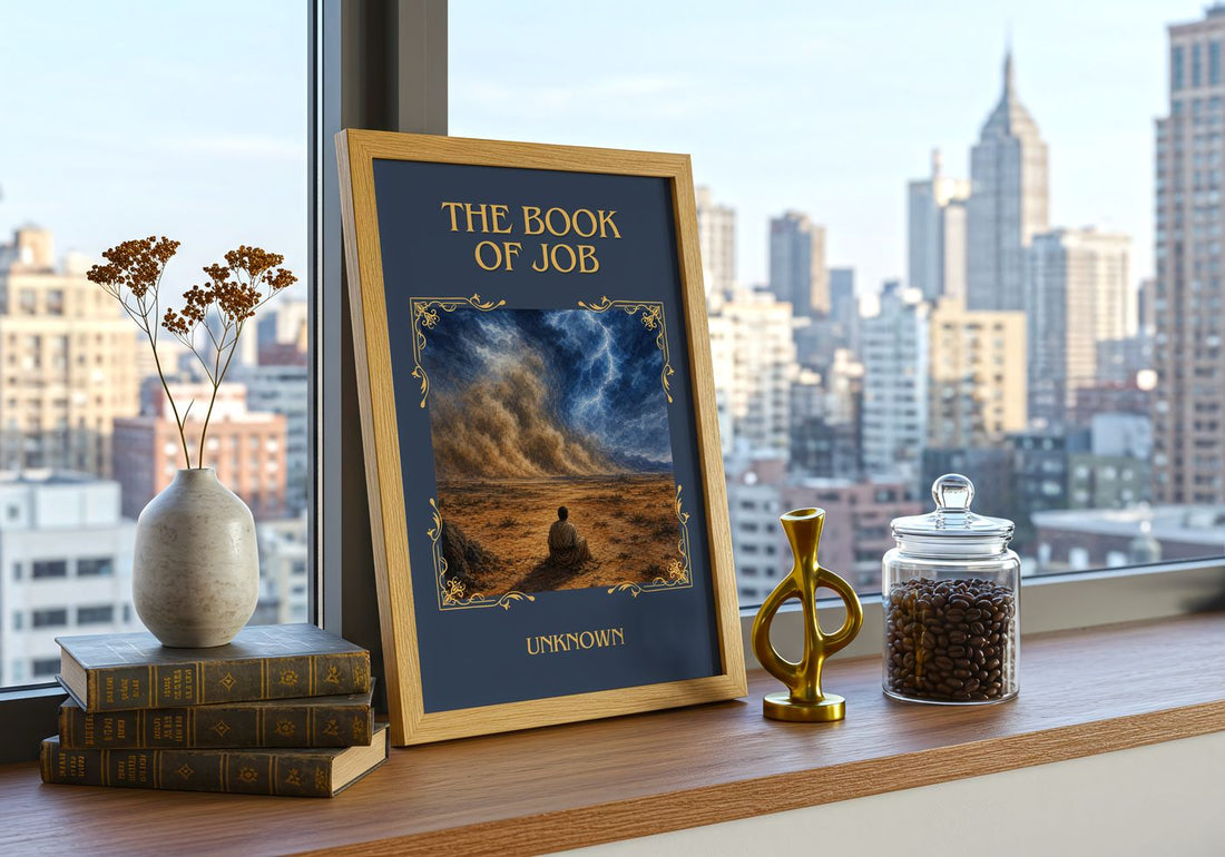 The Book of Job Classic Book Art Print by Unknown – framed print on a city-view windowsill