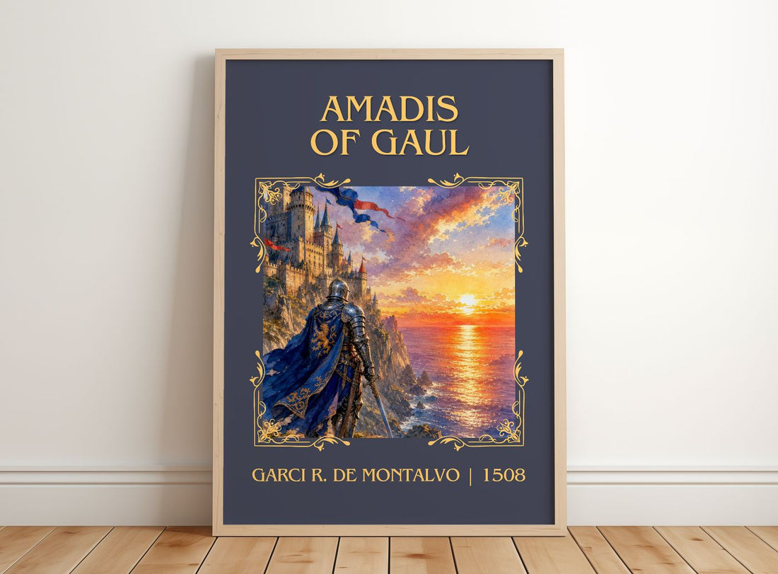 Amadis of Gaul Classic Book Art Print by Garci R. de Montalvo – framed print leaning on a wooden floor