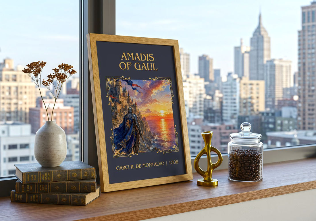 Amadis of Gaul Classic Book Art Print by Garci R. de Montalvo – framed print on a city-view windowsill