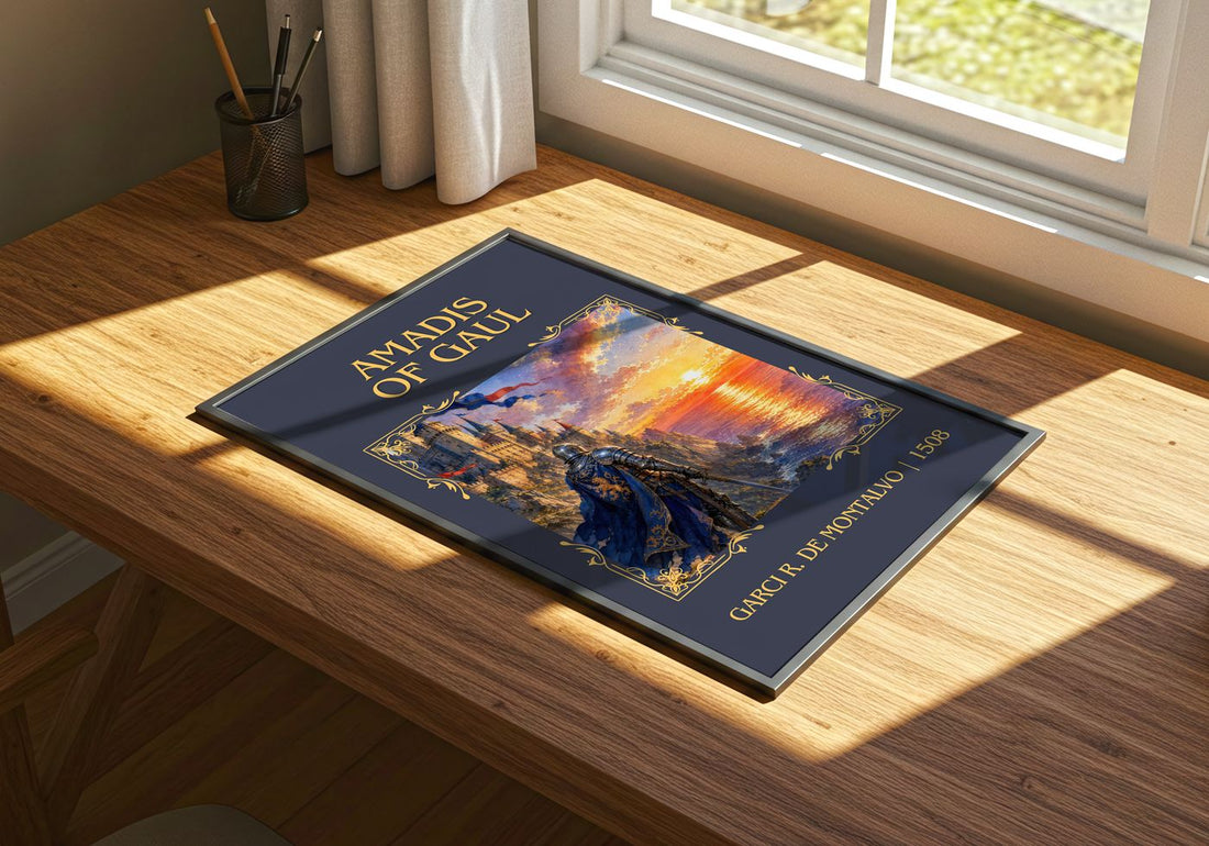 Amadis of Gaul Classic Book Art Print by Garci R. de Montalvo – print on a sunlit desk