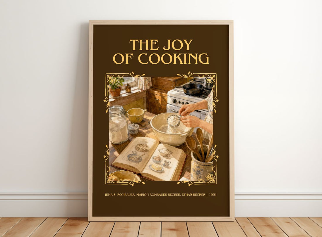 Joy of Cooking Classic Book Art Print by I. Becker – framed print leaning on a wooden floor