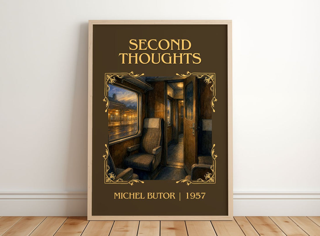 Second Thoughts Classic Book Art Print by Michel Butor – framed print leaning on a wooden floor