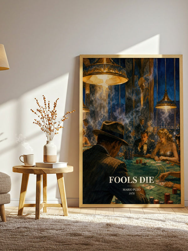 Fools Die watercolour print in frame leaning in hallway – crime wall art