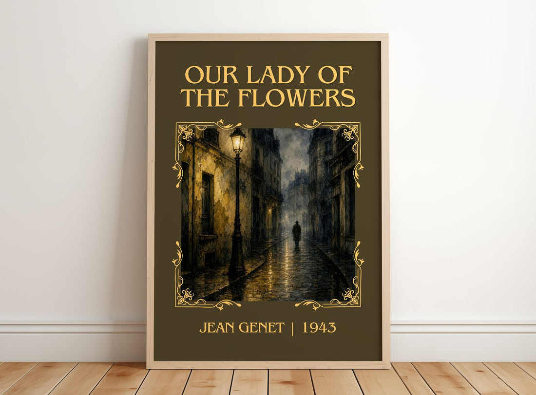 Our Lady of the Flowers Classic Book Art Print by Jean Genet – framed print leaning on a wooden floor