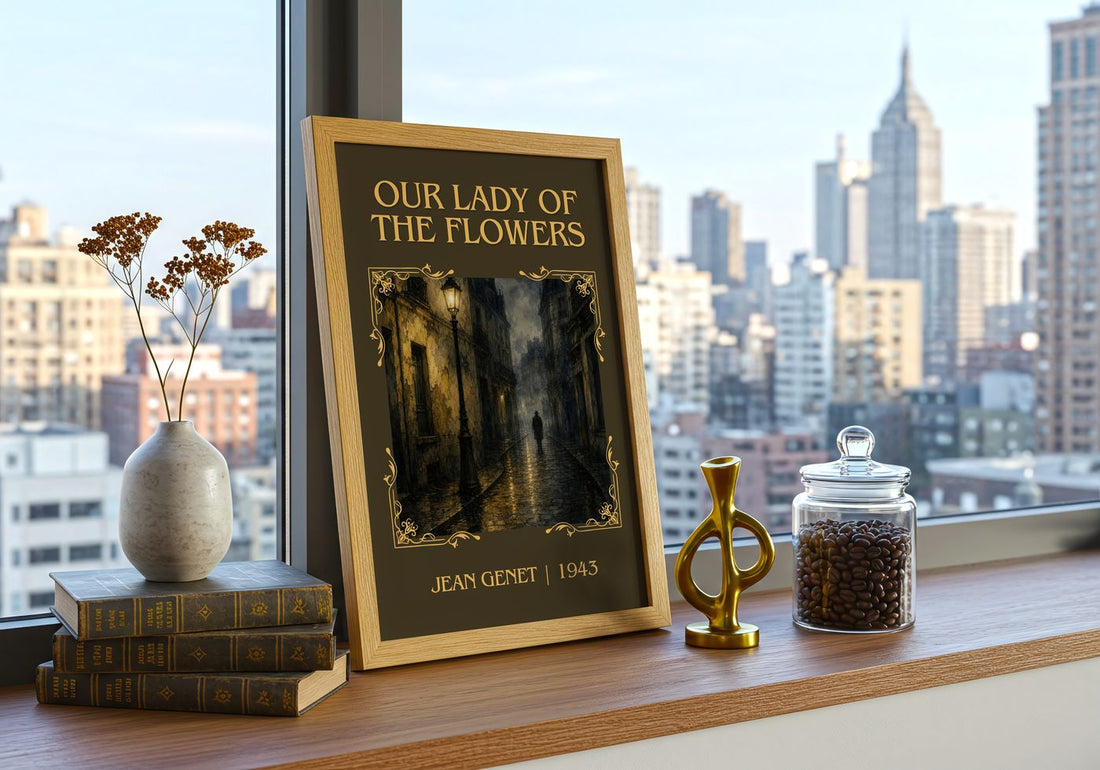 Our Lady of the Flowers Classic Book Art Print by Jean Genet – framed print on a city-view windowsill