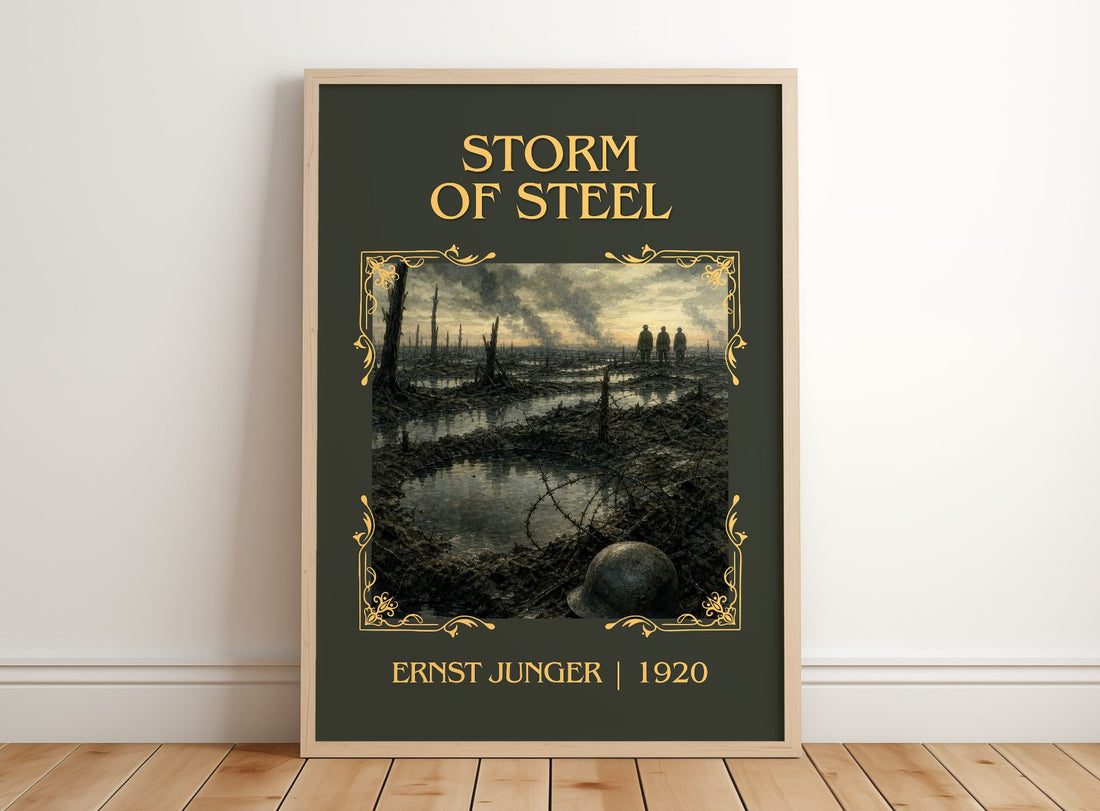 Storm of Steel Classic Book Art Print by Ernst Jünger – framed print leaning on a wooden floor