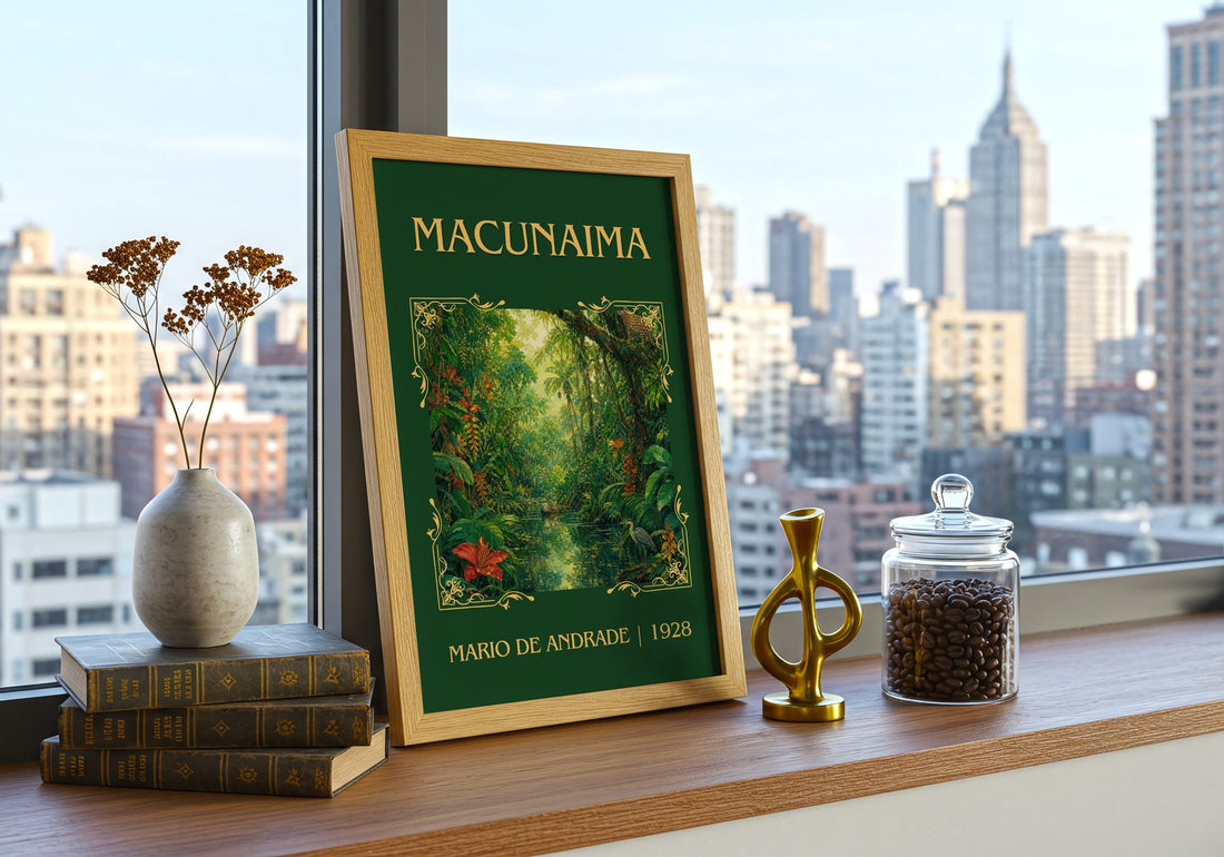 Macunaíma Classic Book Art Print by Mario de Andrade – framed print on a city-view windowsill