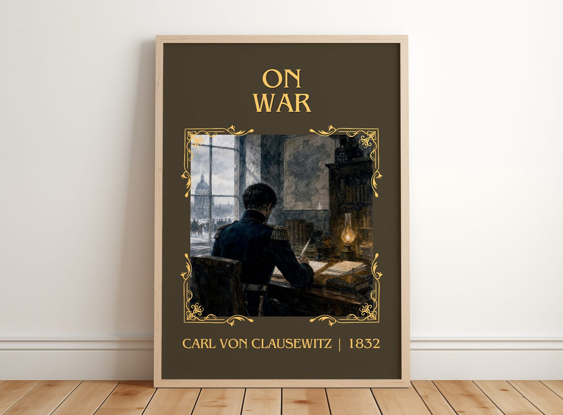 On War Classic Book Art Print by Carl Von Clausewitz – framed print leaning on a wooden floor