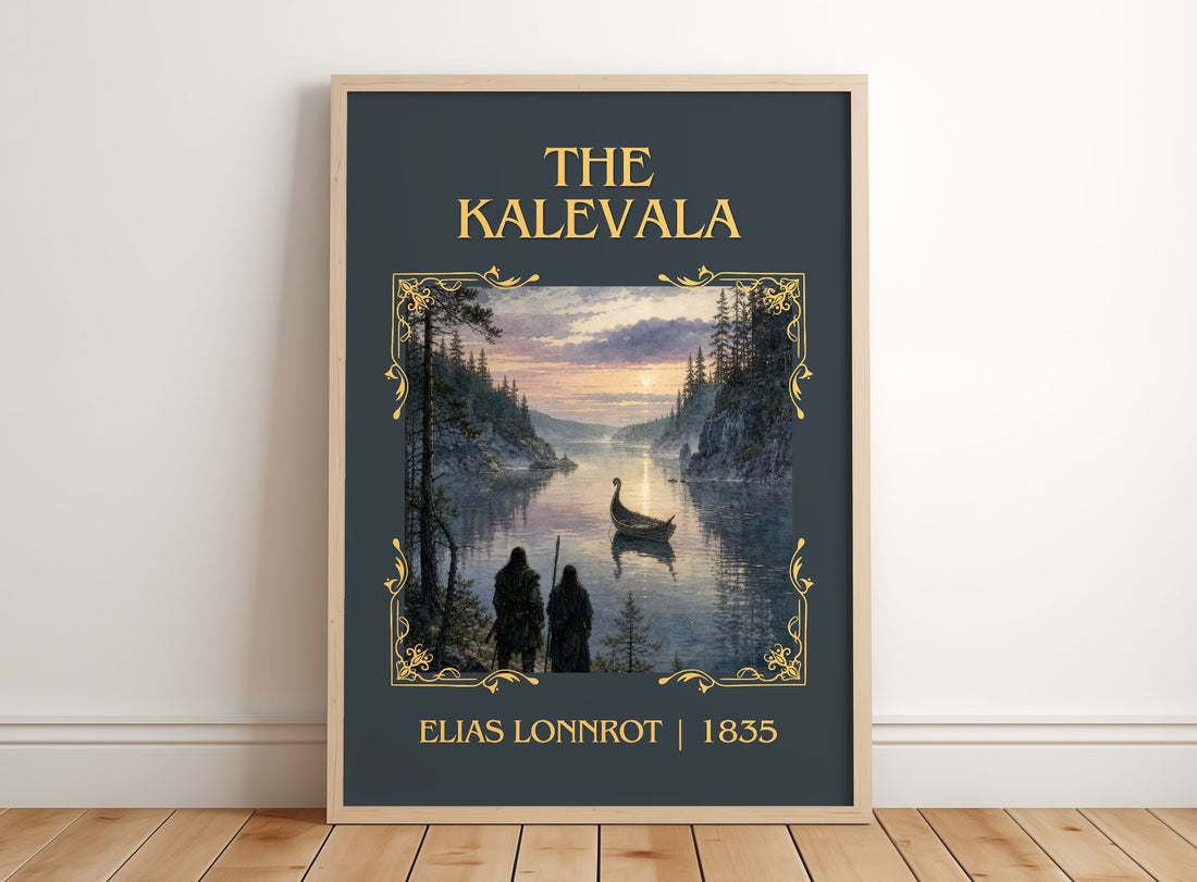 The Kalevala Classic Book Art Print by Elias Lönnrot – framed print leaning on a wooden floor