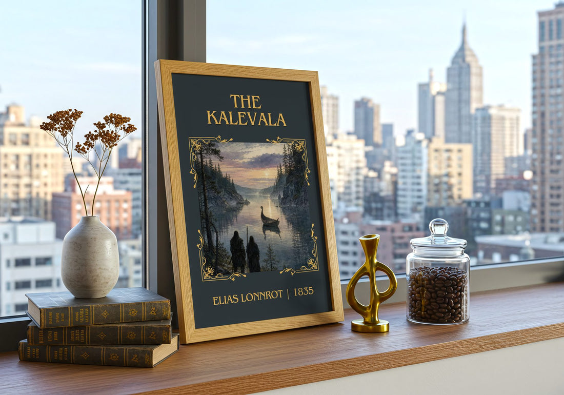 The Kalevala Classic Book Art Print by Elias Lönnrot – framed print on a city-view windowsill