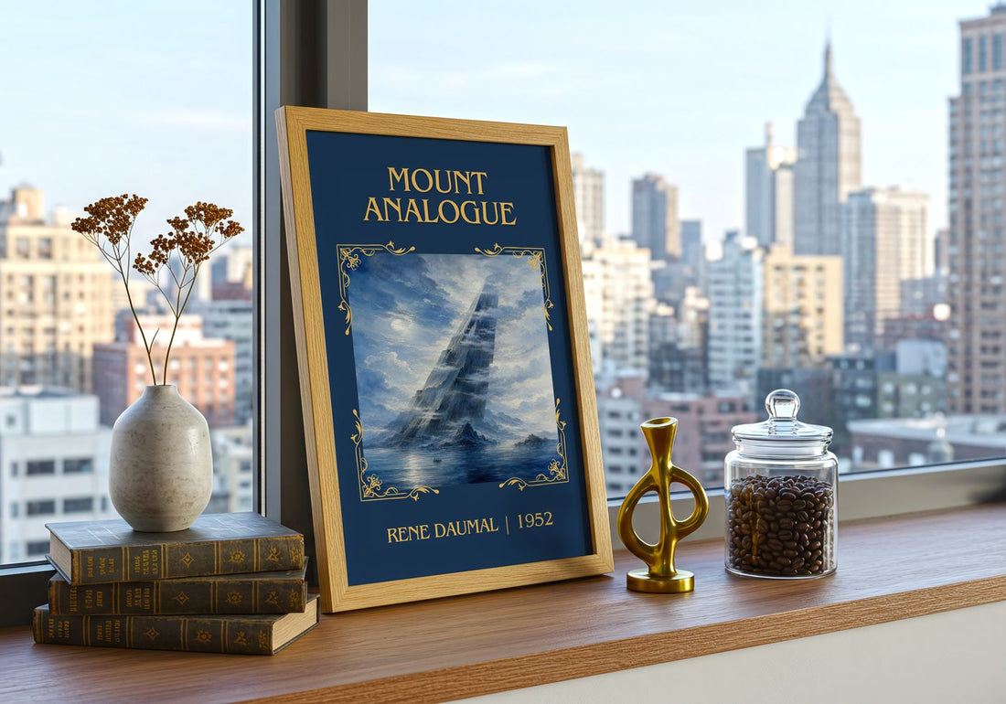 Mount Analogue Classic Book Art Print by René Daumal – framed print on a city-view windowsill