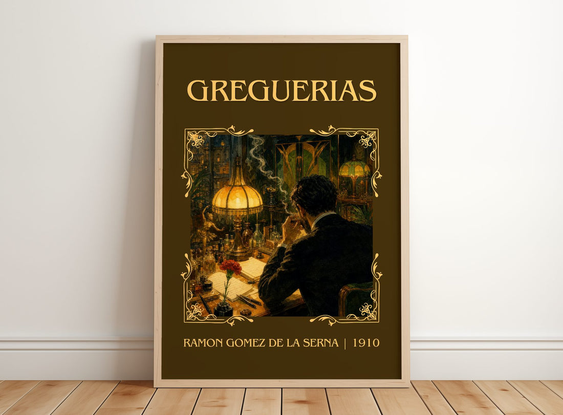 Greguerias Classic Book Art Print by Ramón Gómez de la Serna – framed print leaning on a wooden floor