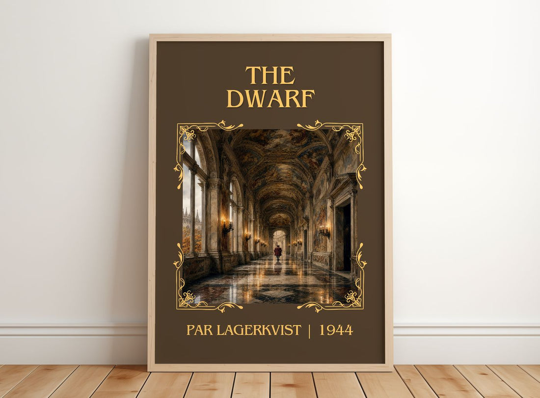 The Dwarf Classic Book Art Print by Par Lagerkvist – framed print leaning on a wooden floor