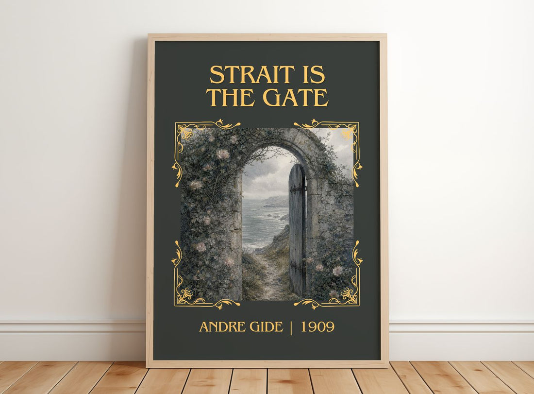 Strait is the Gate Classic Book Art Print by André Gide – framed print leaning on a wooden floor