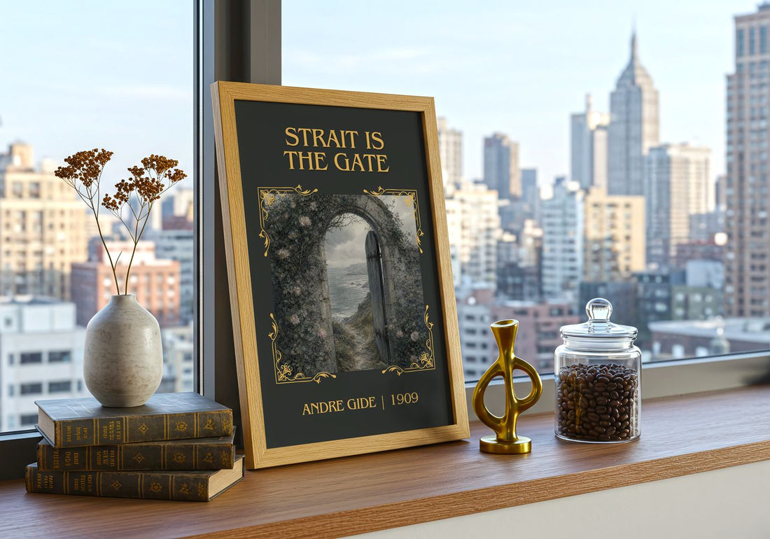 Strait is the Gate Classic Book Art Print by André Gide – framed print on a city-view windowsill