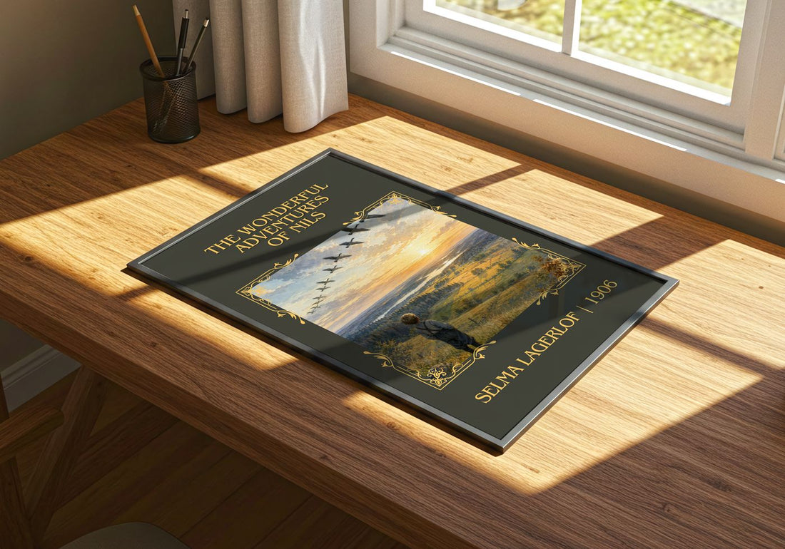 Wonderful Adventures of Nils Classic Book Art Print by Selma Lagerlöf – print on a sunlit desk