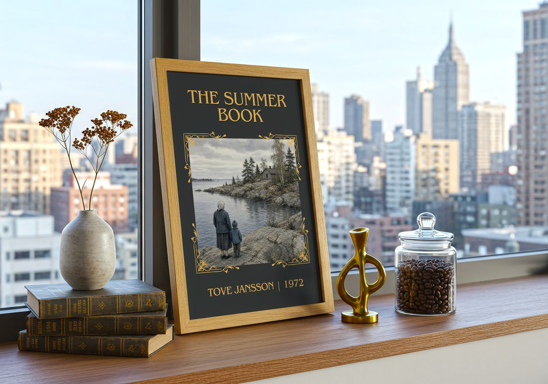 The Summer Book Classic Book Art Print by Tove Jansson – framed print on a city-view windowsill