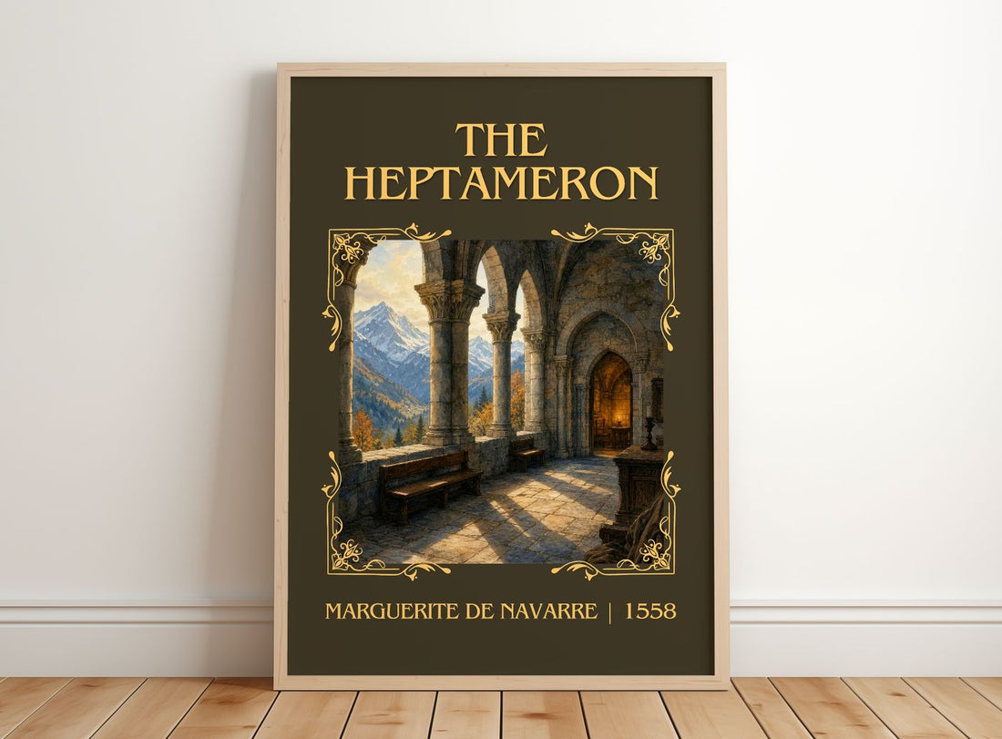 The Heptameron Classic Book Art Print by Marguerite de Navarre – framed print leaning on a wooden floor