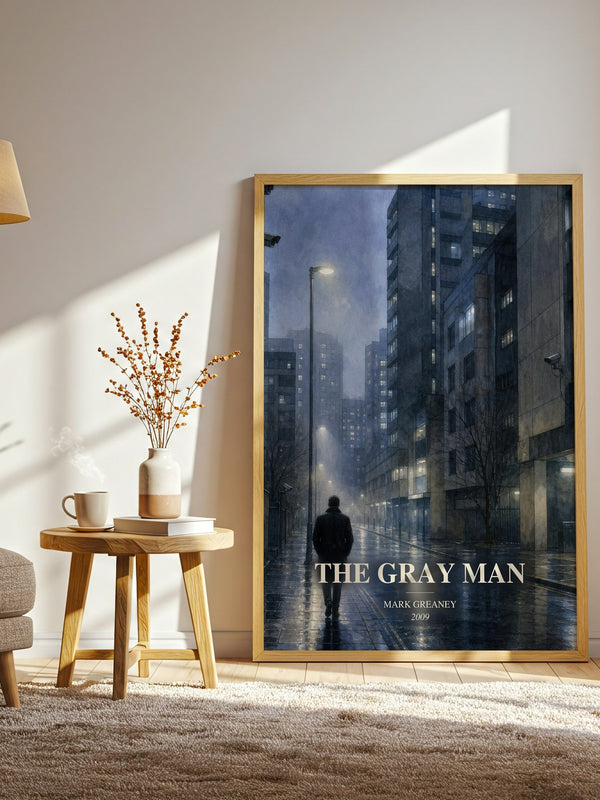 The Gray Man watercolour print in frame leaning in hallway – thriller wall art