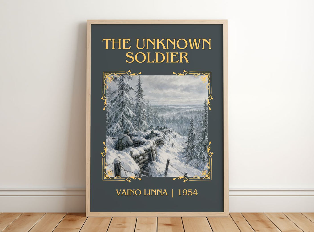The Unknown Soldier Classic Book Art Print by Väinö Linna – framed print leaning on a wooden floor