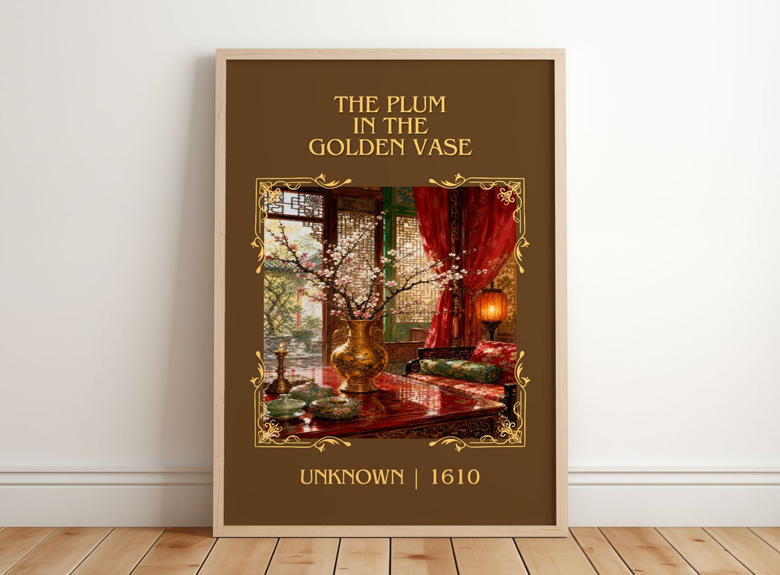 The Plum in the Golden Vase Classic Book Art Print by Unknown – framed print leaning on a wooden floor
