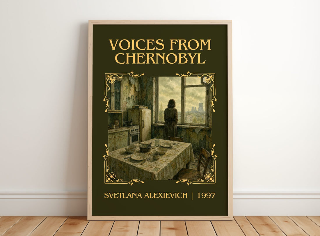 Voices from Chernobyl Classic Book Art Print by Svetlana Alexievich – framed print leaning on a wooden floor